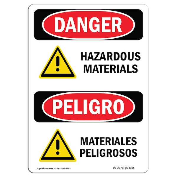 Safety Sign, OSHA Danger, 5" Height, Hazardous Materials Bilingual Spanish, 10PK
